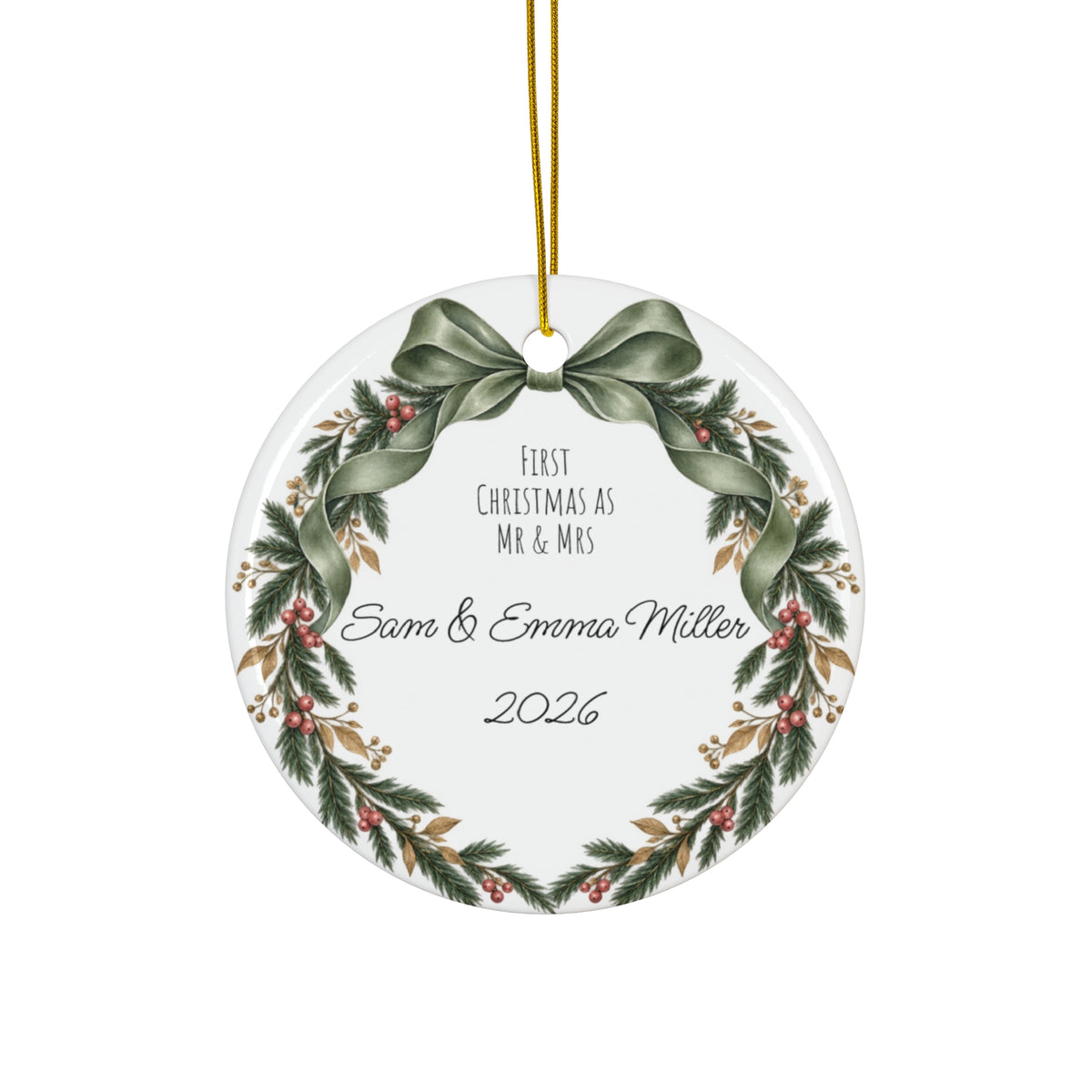 Personalized Ceramic Christmas Ornament – First Christmas as Mr. and Mrs. (Round)