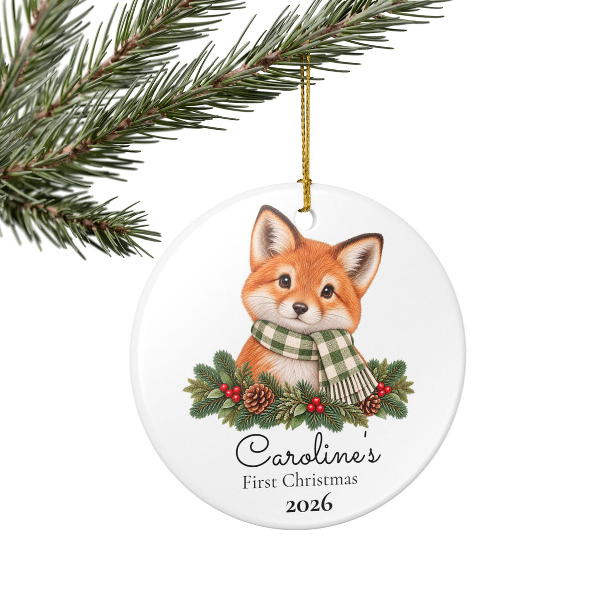 Personalized Fox Christmas Ornament — "First Christmas" Baby Keepsake 2026