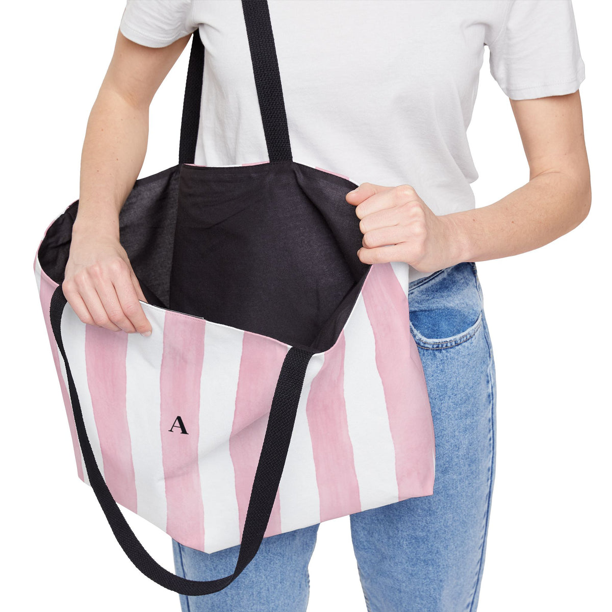 Blush Striped Personalized Weekender Tote Bag with optional Monogram Initial