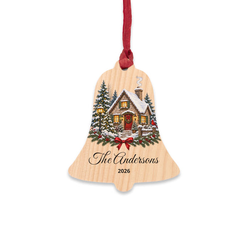 'First Christmas' Cottage Design Wooden Ornament (Custom Name & Year)