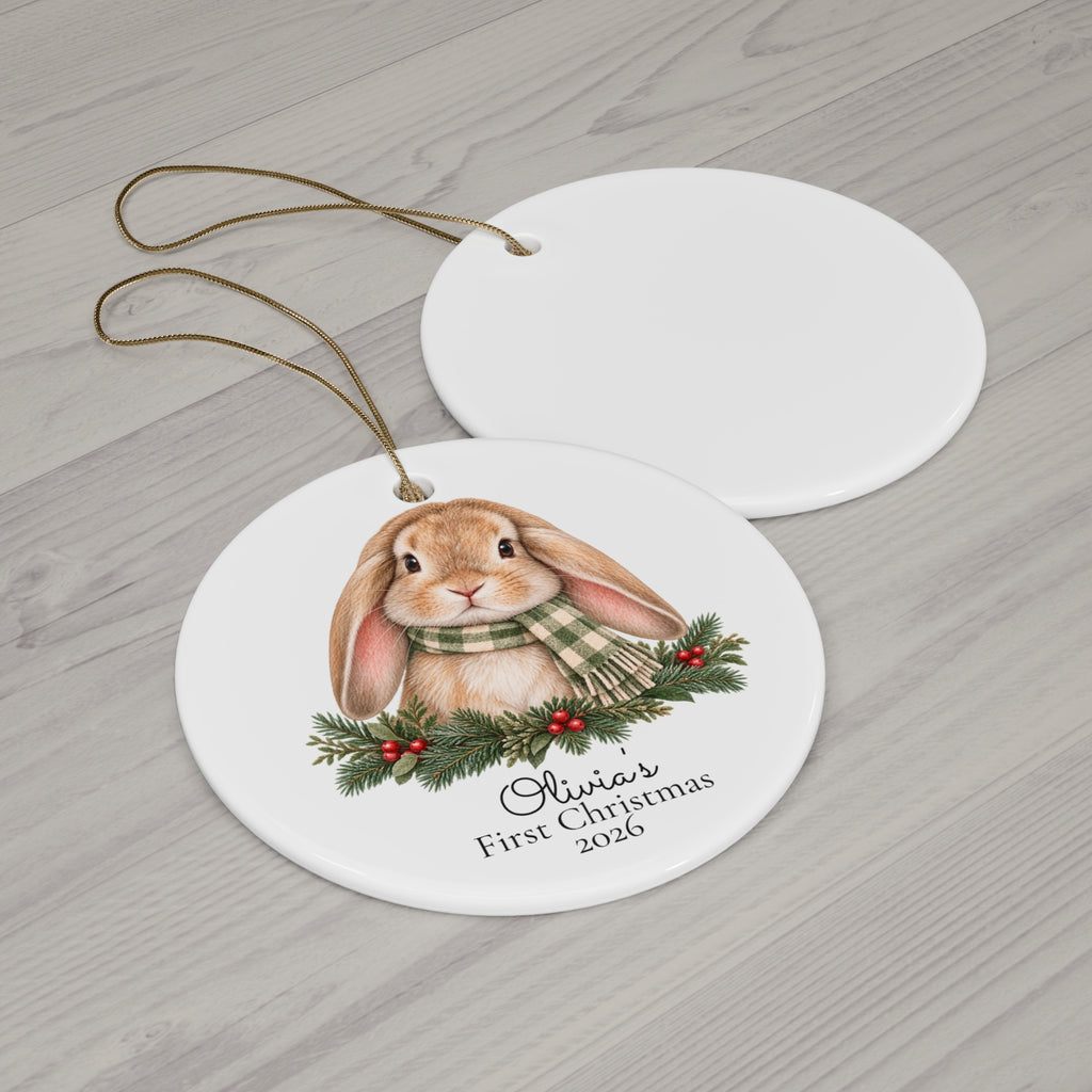 Personalized Bunny First Christmas Ornament/mobile pendant/gift tag — Ceramic Holiday Keepsake