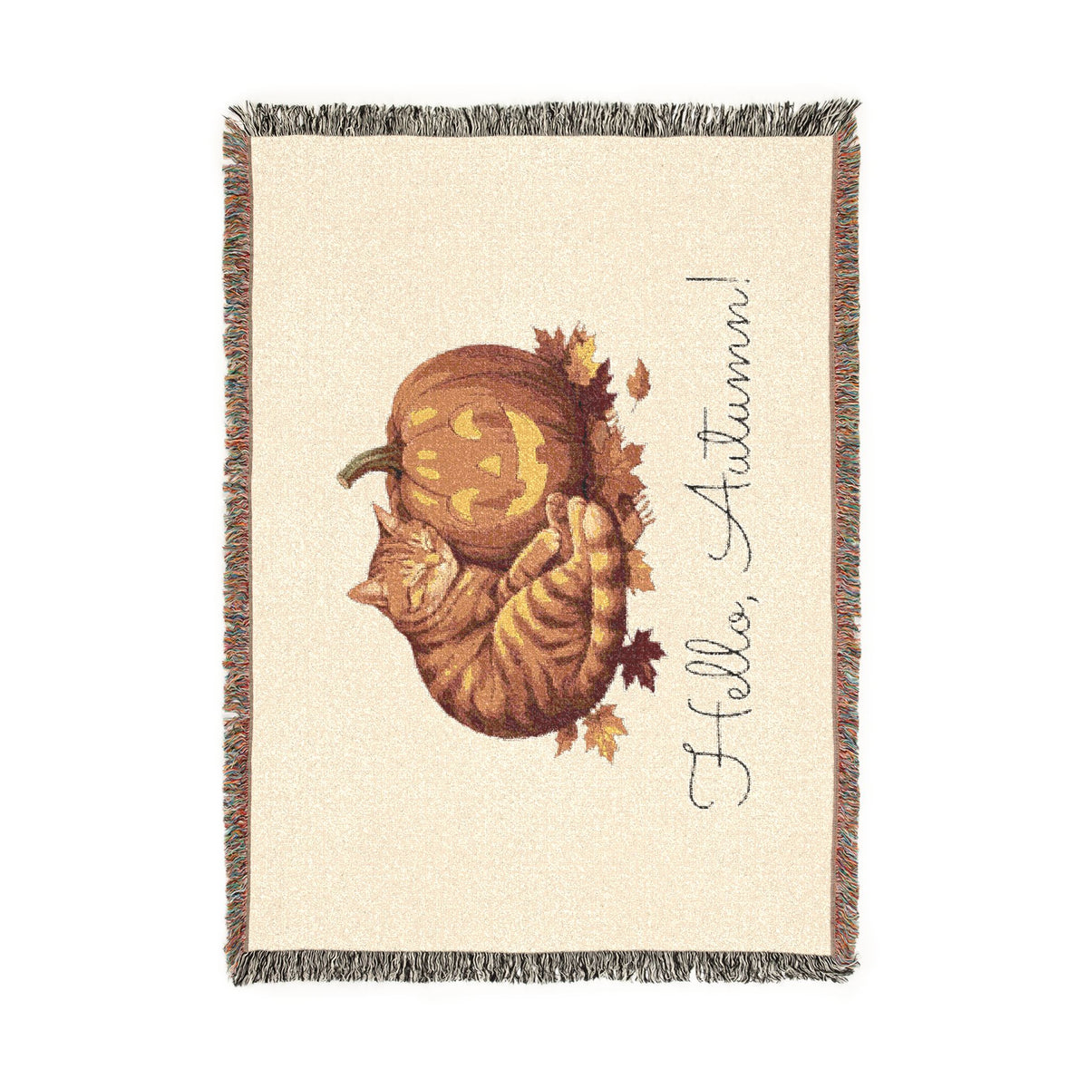 Halloween  Tabby Cat /Pumpkin Woven Blanket — Cozy Fall Throw