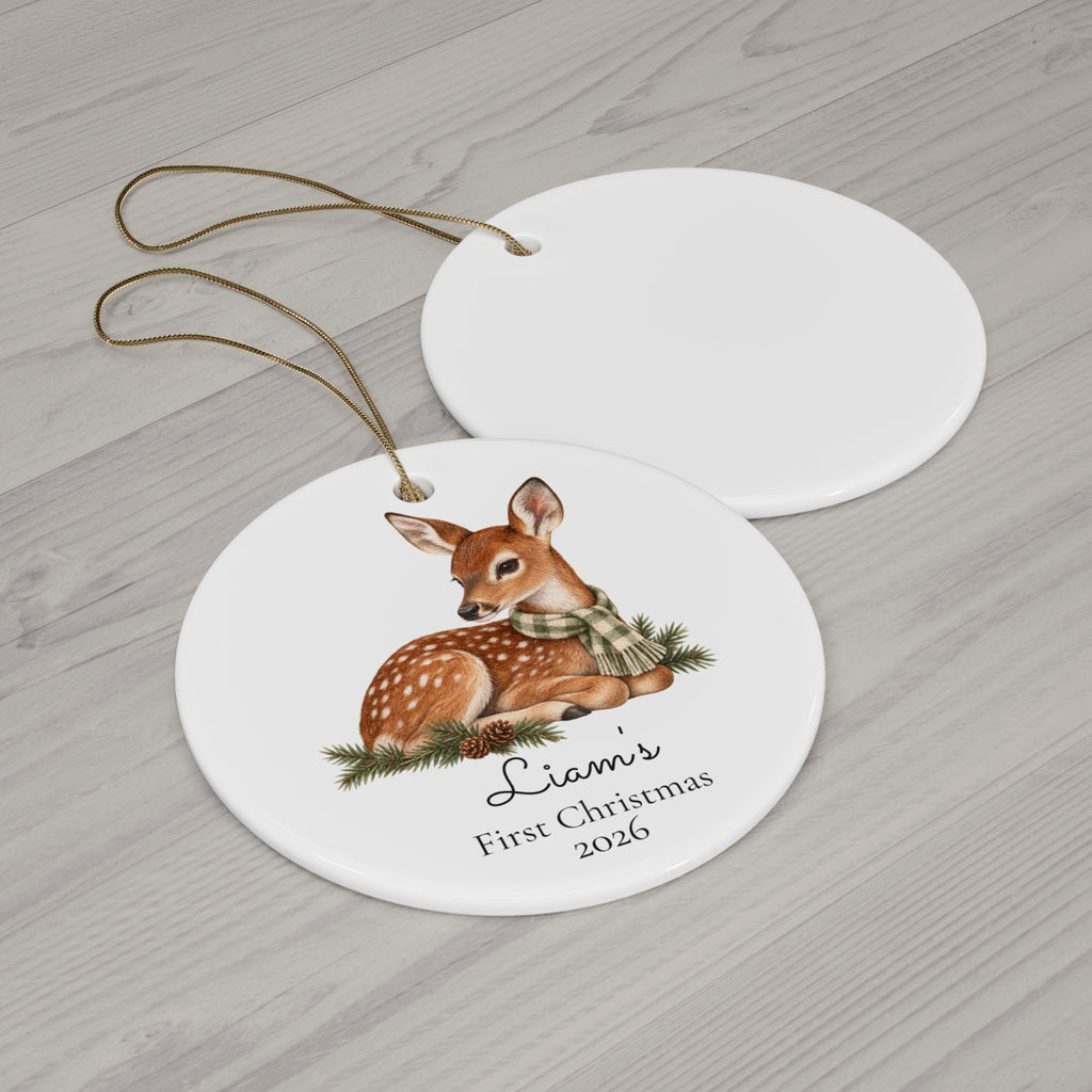 Personalized Fawn Ceramic Ornament — "First Christmas 2026" Keepsake