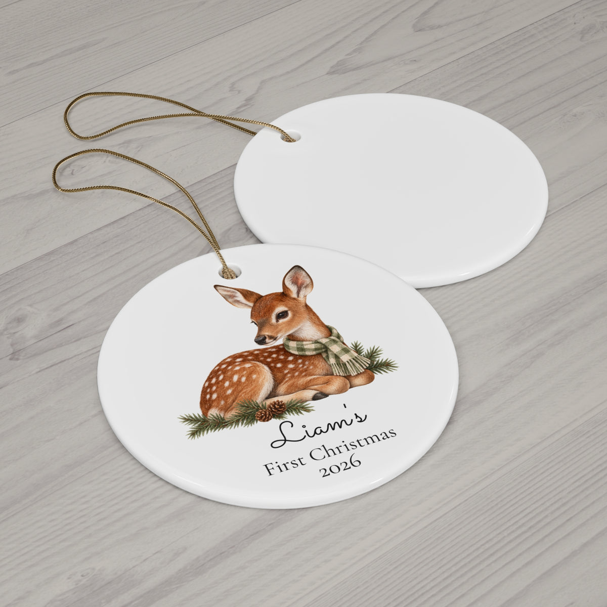Personalized Fawn Ceramic Ornament — "First Christmas 2026" Keepsake