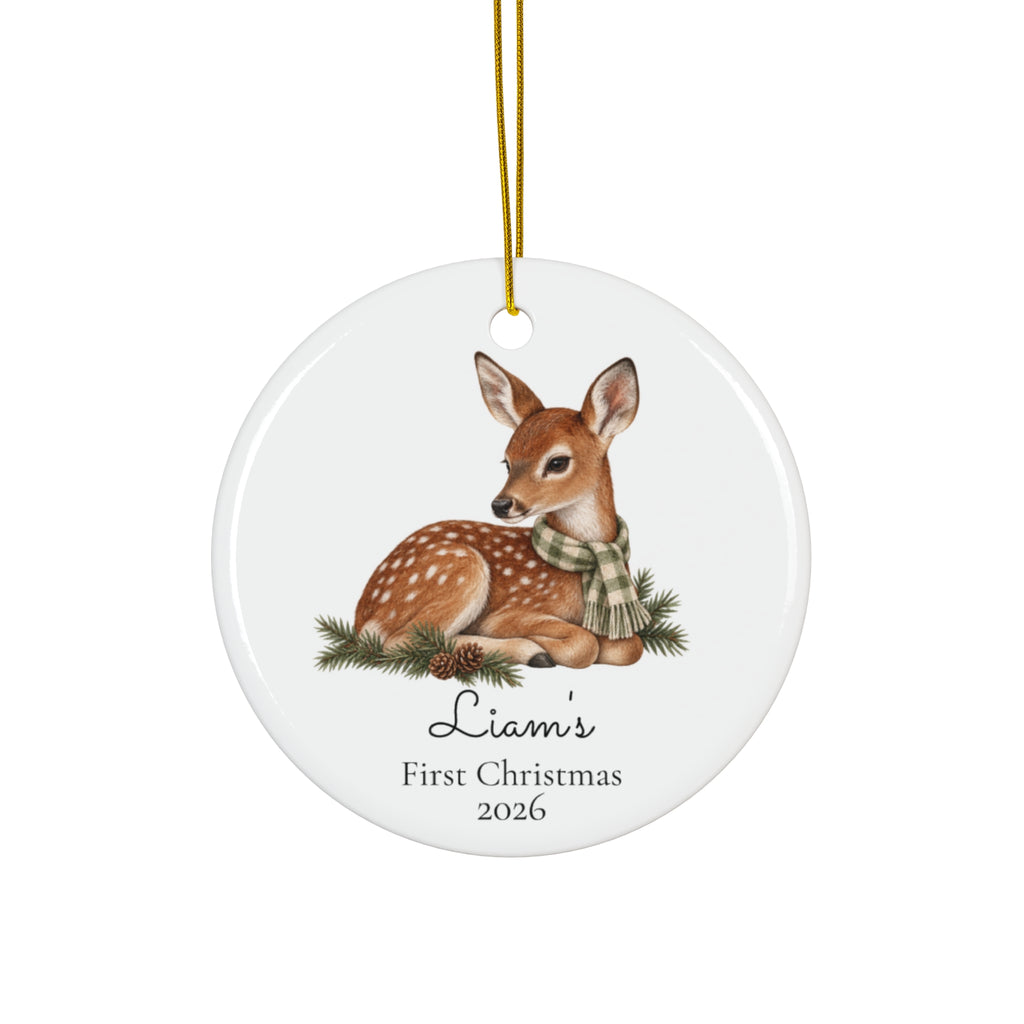 Personalized Fawn Ceramic Ornament — "First Christmas 2026" Keepsake