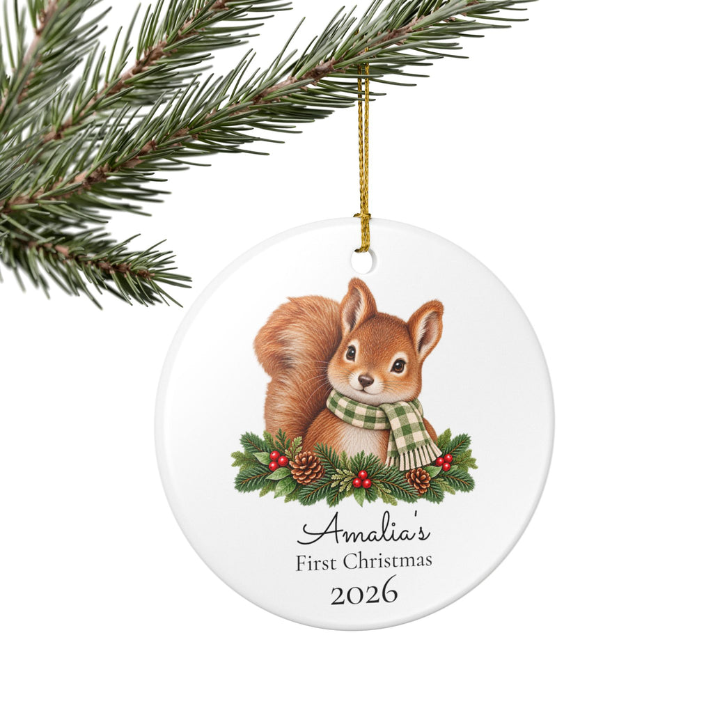 Personalized Ceramic Christmas Ornament — 'First Christmas 2026' Squirrel with Pine & Scarf