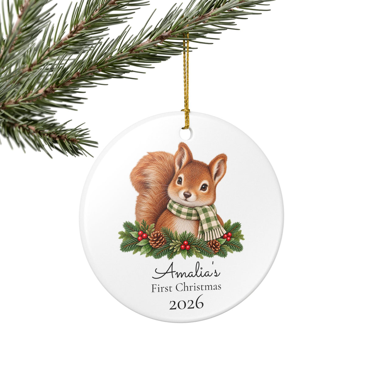 Personalized Ceramic Christmas Ornament — 'First Christmas 2026' Squirrel with Pine & Scarf