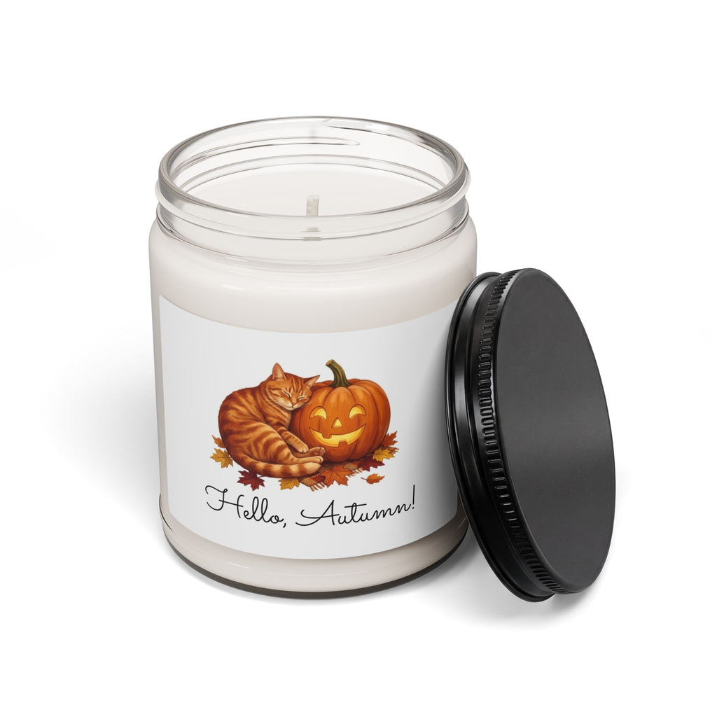 Hello Autumn Soy Candle — 9oz Scented Fall Candle with Pumpkin & Cat Design