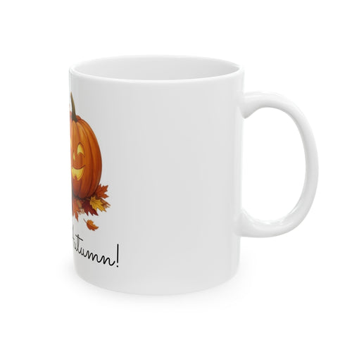 Autumn Cat / Jack-o'-Lantern Ceramic Mug – "Hello, Autumn!" Fall Coffee Cup (11oz)