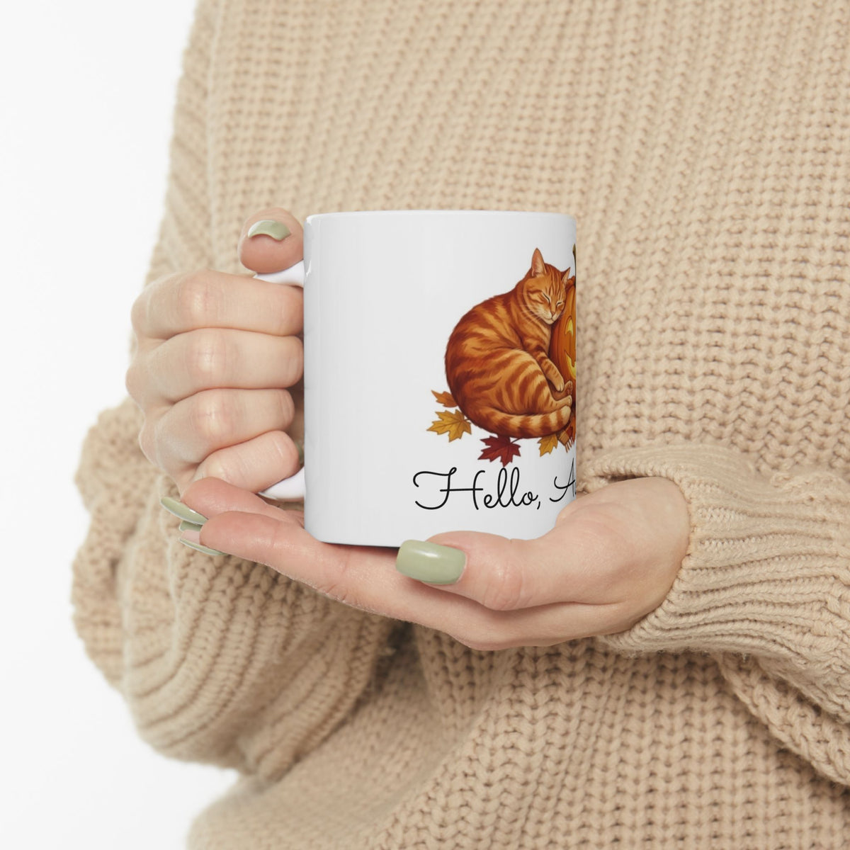 Autumn Cat / Jack-o'-Lantern Ceramic Mug – "Hello, Autumn!" Fall Coffee Cup (11oz)