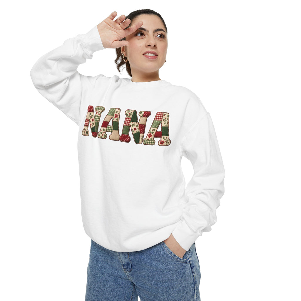 Nana Faux Patchwork Printed Lettering Crew neck Sweatshirt-Comfort Colors