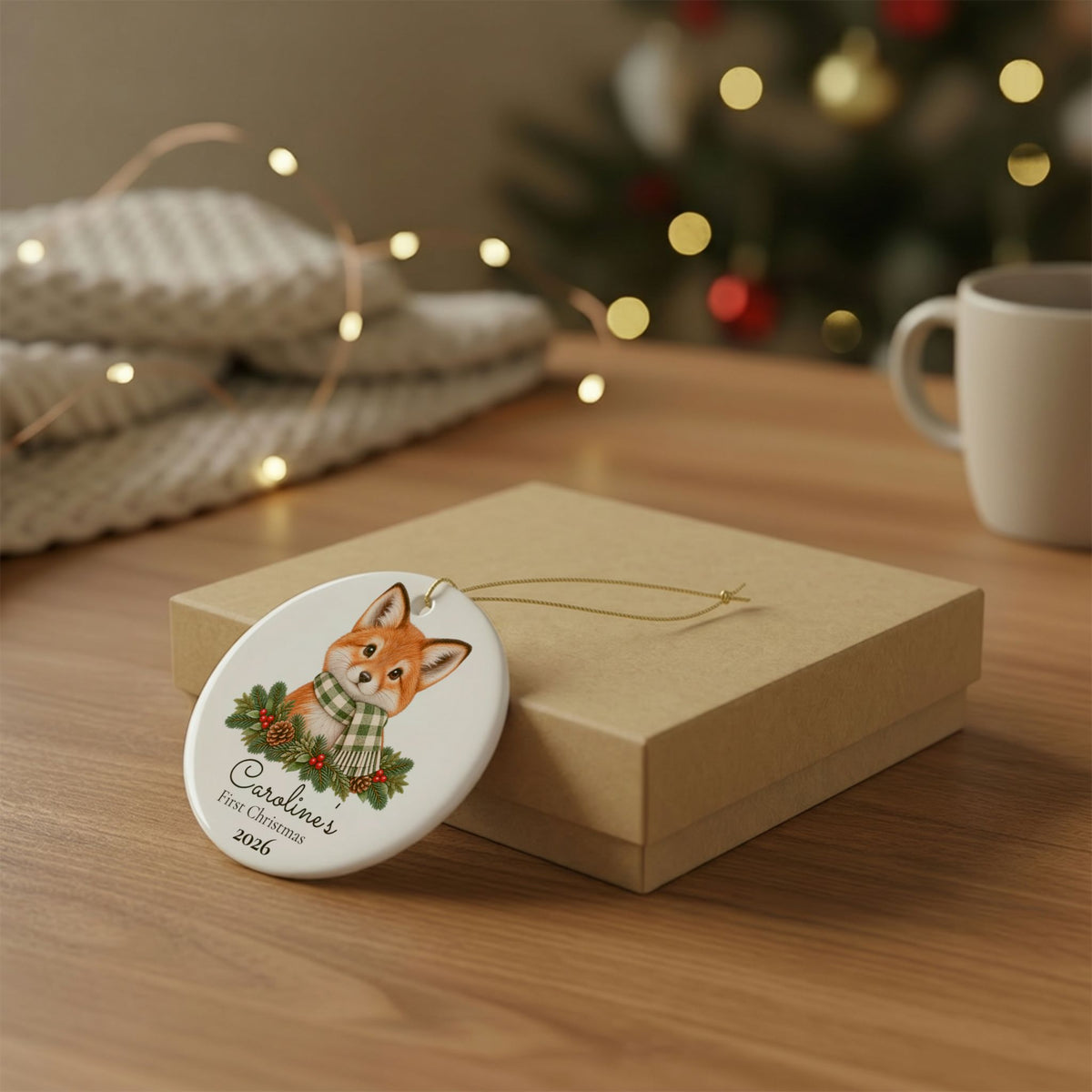 Personalized Fox Christmas Ornament — "First Christmas" Baby Keepsake 2026