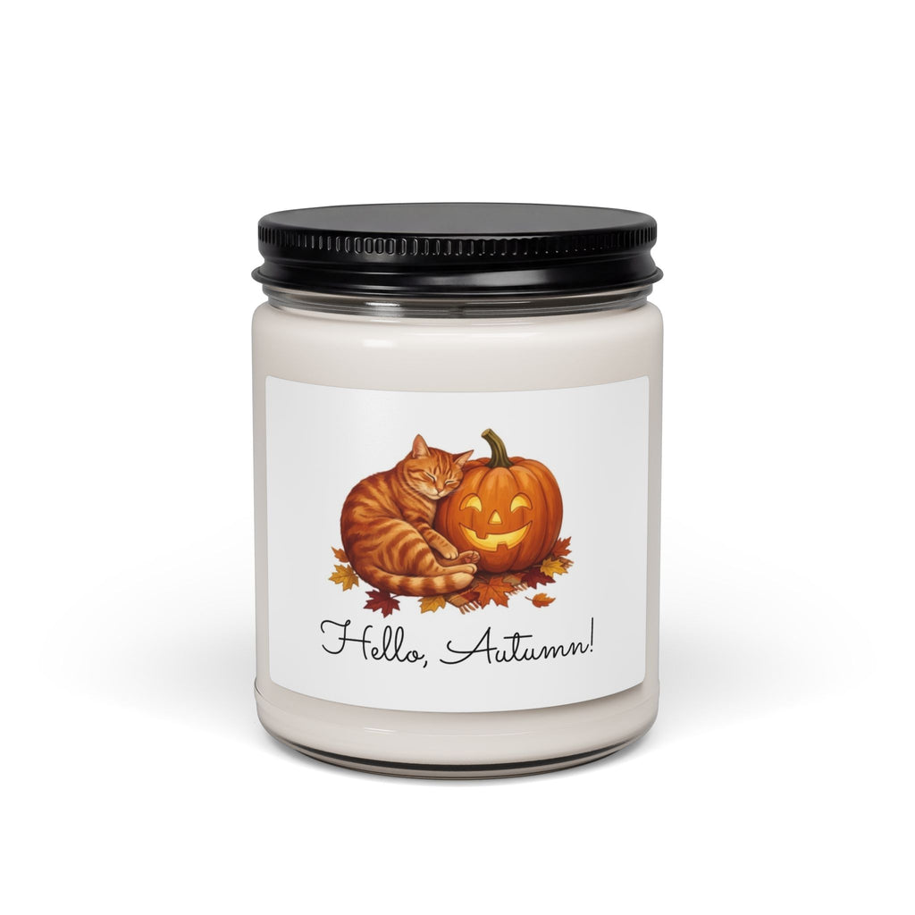 Hello Autumn Soy Candle — 9oz Scented Fall Candle with Pumpkin & Cat Design