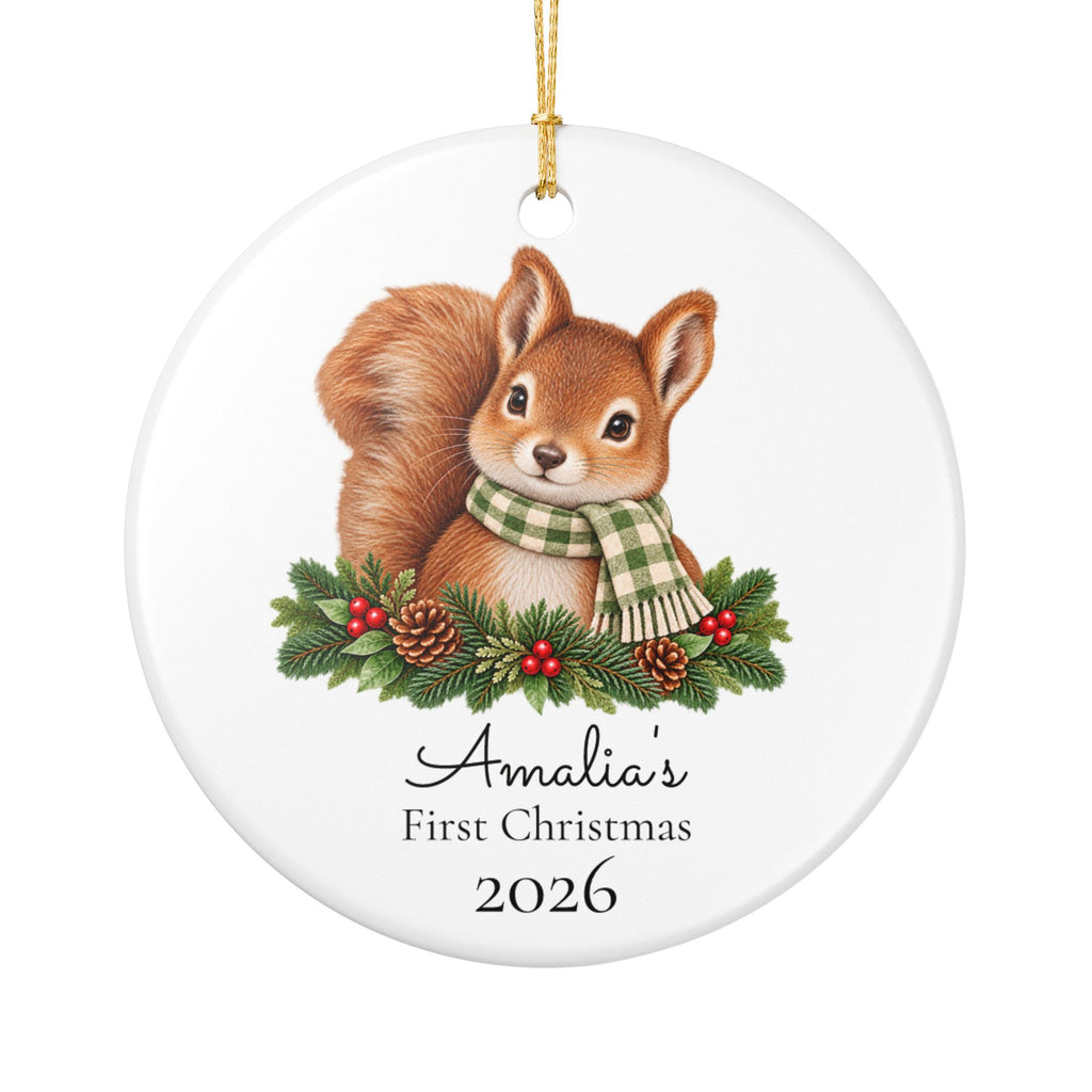Personalized Ceramic Christmas Ornament — 'First Christmas 2026' Squirrel with Pine & Scarf