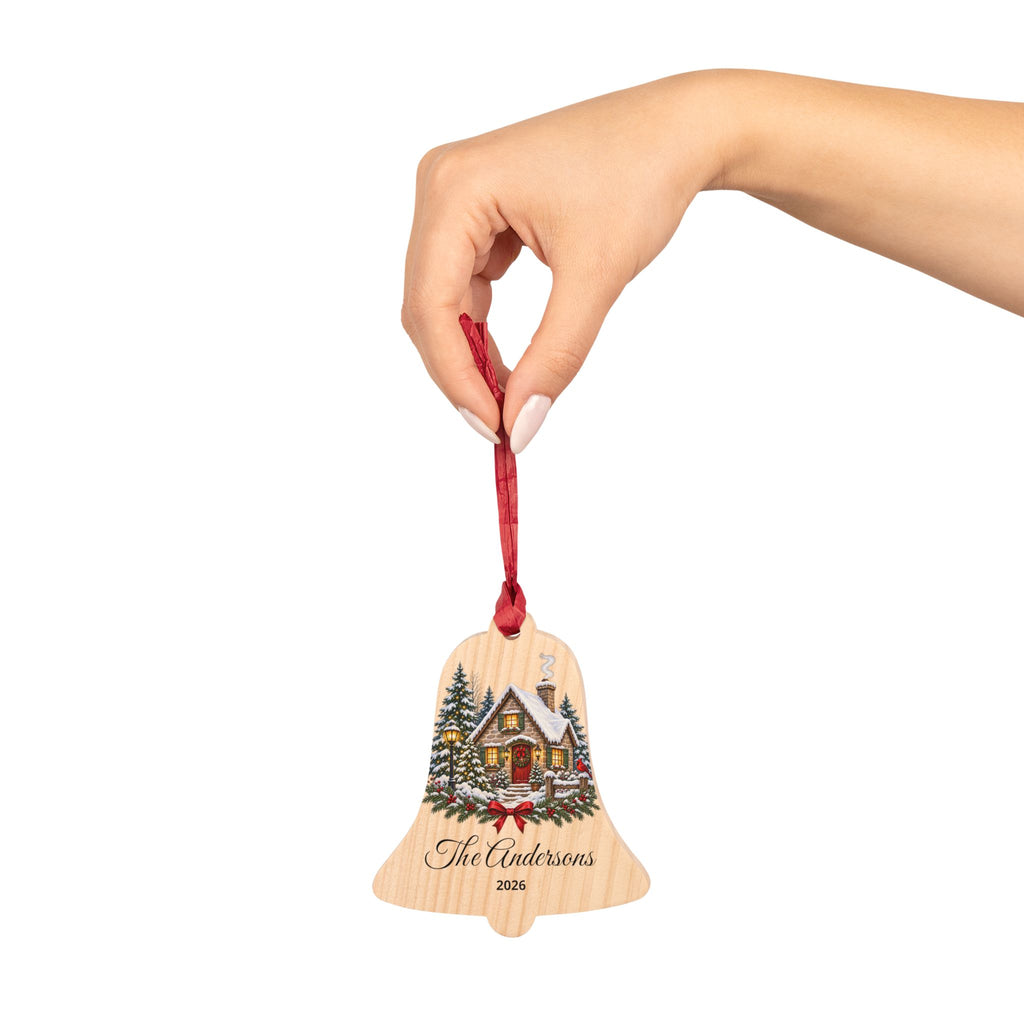 'First Christmas' Cottage Design Wooden Ornament (Custom Name & Year)