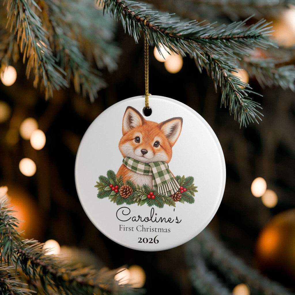 Personalized Fox Christmas Ornament — "First Christmas" Baby Keepsake 2026