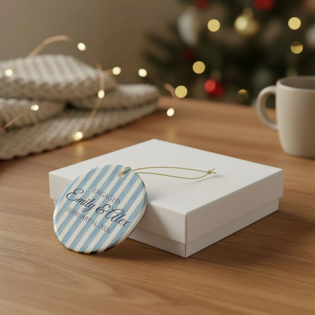 Blue Engagement Ceramic Ornament – Personalized Engagement Keepsake