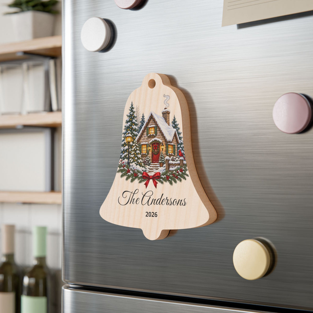 'First Christmas' Cottage Design Wooden Ornament (Custom Name & Year)
