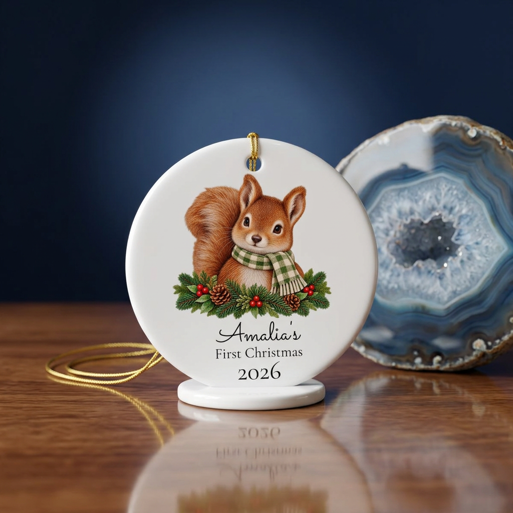Personalized Ceramic Christmas Ornament — 'First Christmas 2026' Squirrel with Pine & Scarf