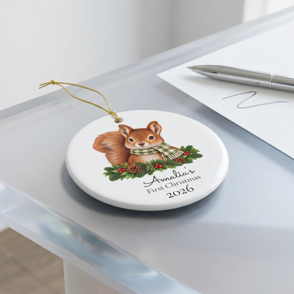 Personalized Ceramic Christmas Ornament — 'First Christmas 2026' Squirrel with Pine & Scarf