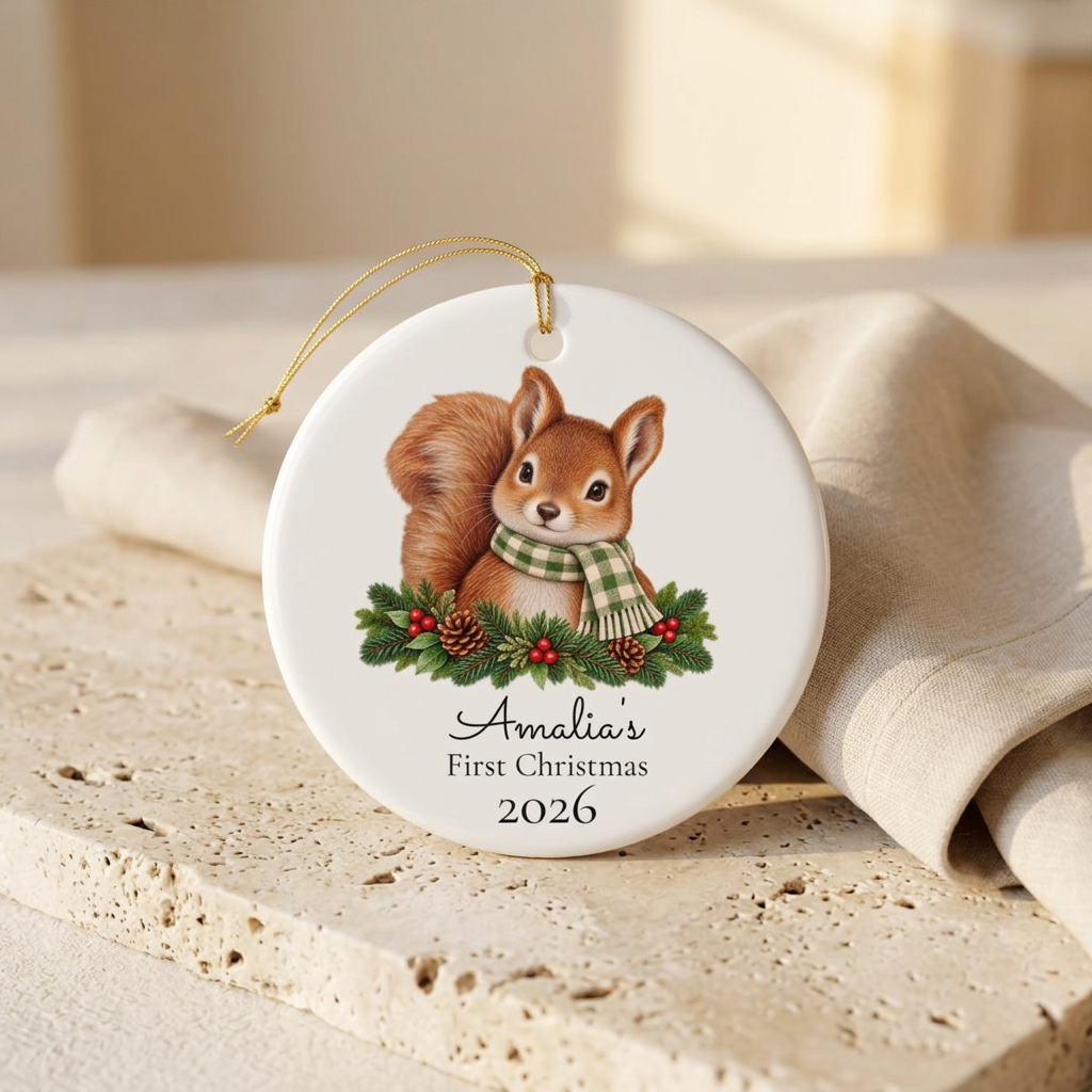 Personalized Ceramic Christmas Ornament — 'First Christmas 2026' Squirrel with Pine & Scarf