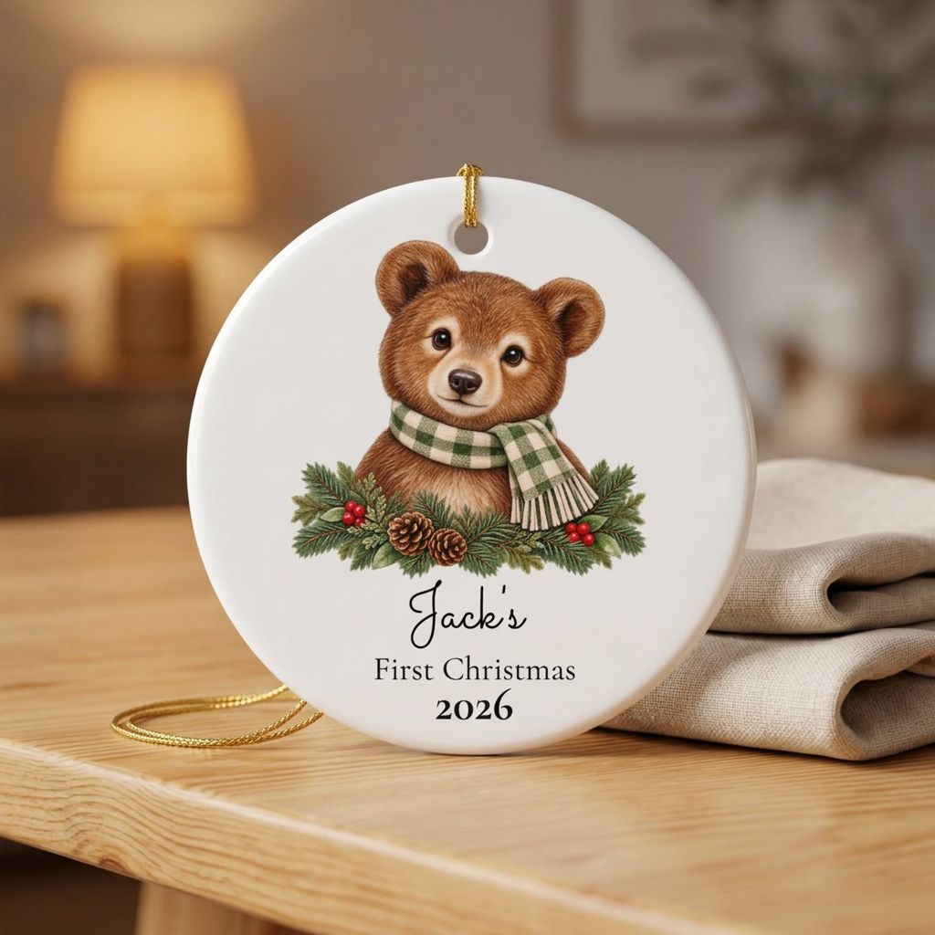 Personalized Bear "First Christmas 2026" Ceramic Ornament/gift tag/mobile decoration