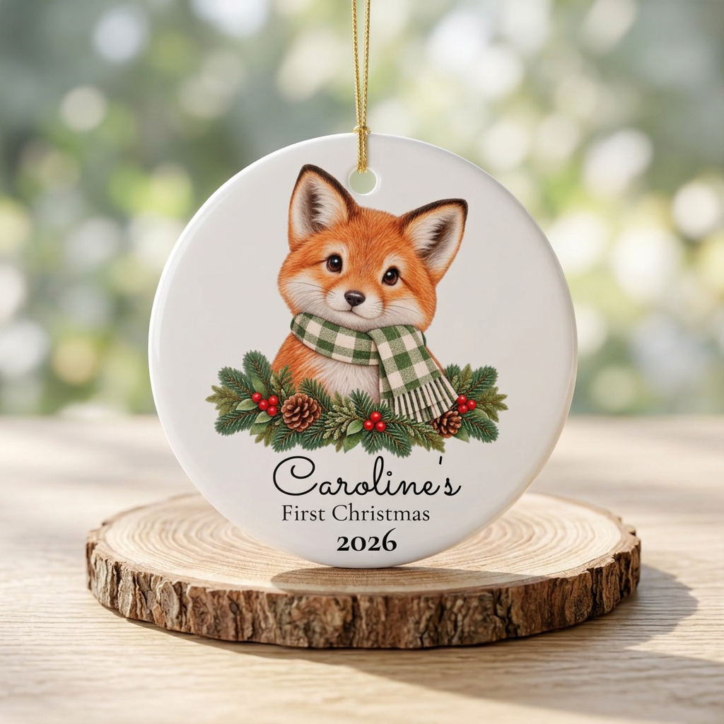 Personalized Fox Christmas Ornament — "First Christmas" Baby Keepsake 2026