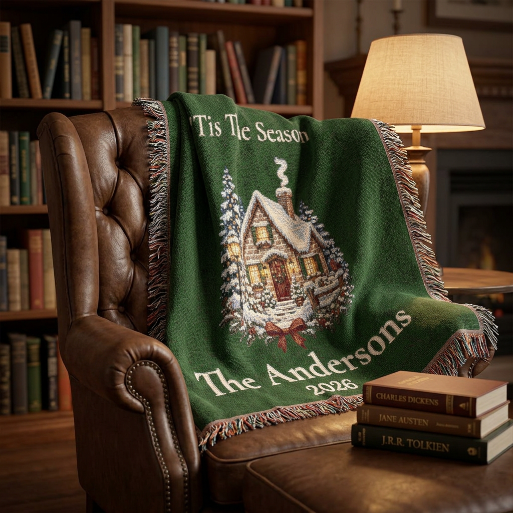 Tis The Season Woven Blanket - Personalized Family Name and Year Throw /Tapestry / Wall Art