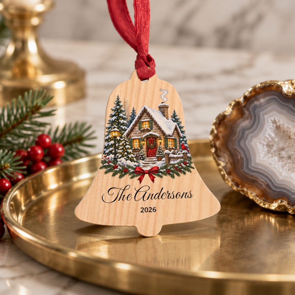 'First Christmas' Cottage Design Wooden Ornament (Custom Name & Year)