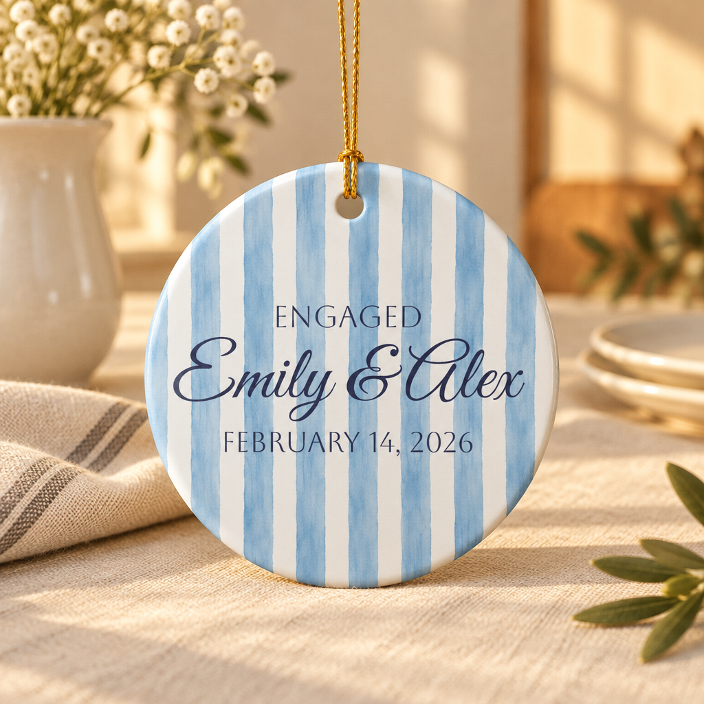 Blue Engagement Ceramic Ornament – Personalized Engagement Keepsake