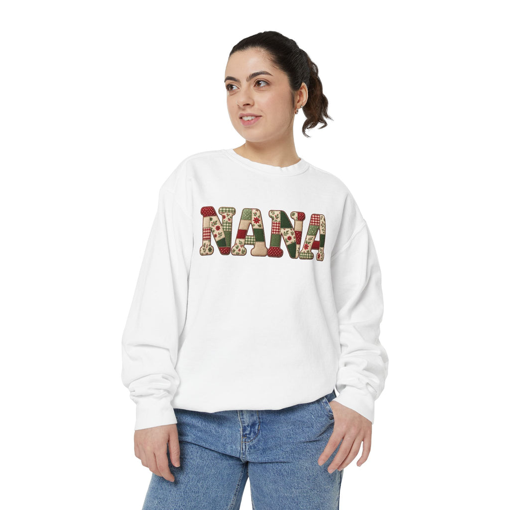 Nana Faux Patchwork Printed Lettering Crew neck Sweatshirt-Comfort Colors