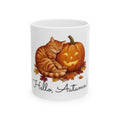 Autumn Cat / Jack-o'-Lantern Ceramic Mug – "Hello, Autumn!" Fall Coffee Cup (11oz)