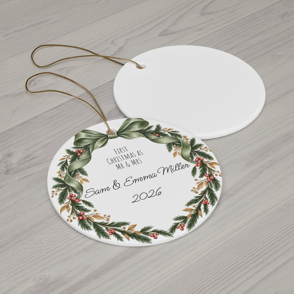 Personalized Ceramic Christmas Ornament – First Christmas as Mr. and Mrs. (Round)