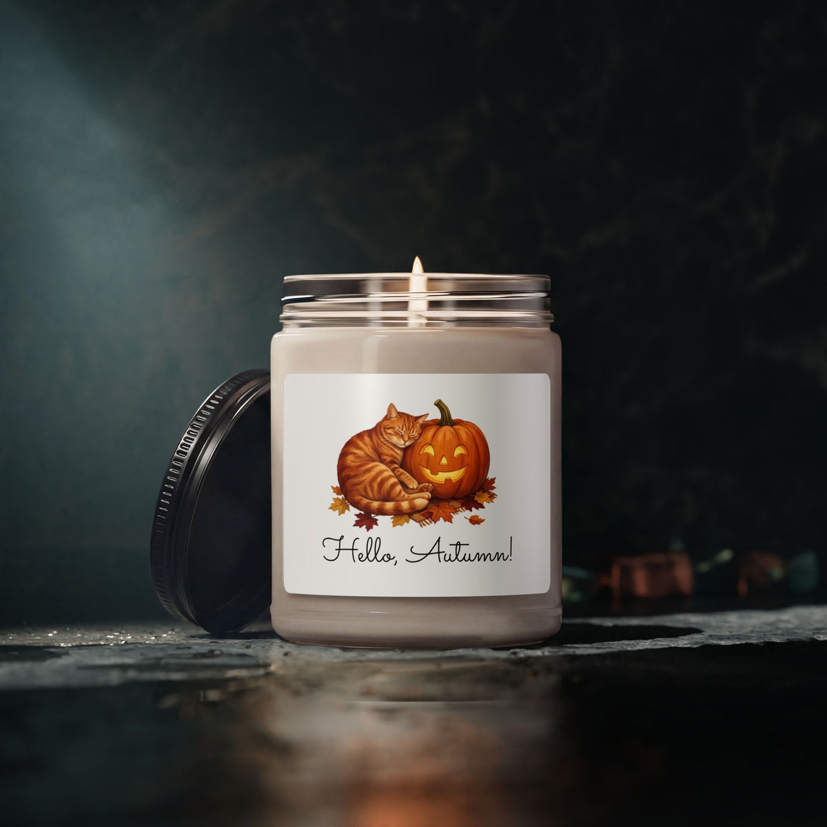 Hello Autumn Soy Candle — 9oz Scented Fall Candle with Pumpkin & Cat Design