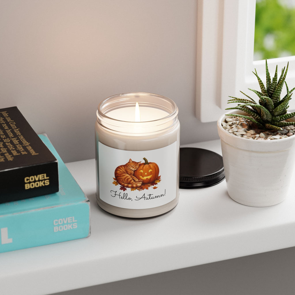 Hello Autumn Soy Candle — 9oz Scented Fall Candle with Pumpkin & Cat Design