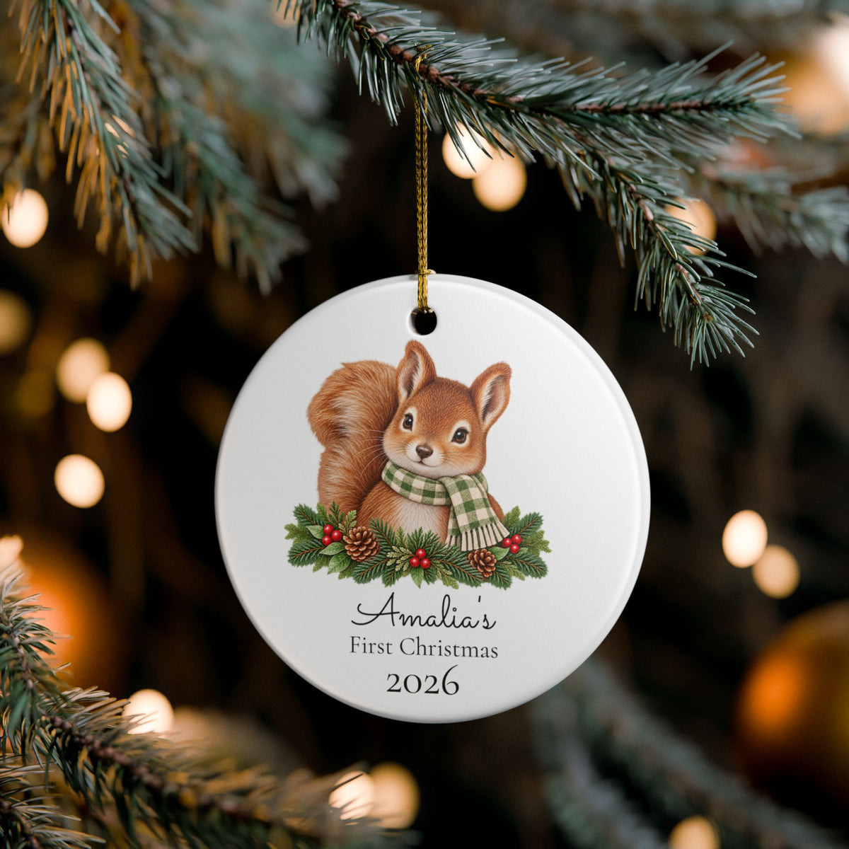 Personalized Ceramic Christmas Ornament — 'First Christmas 2026' Squirrel with Pine & Scarf