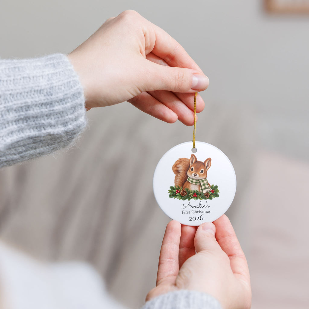 Personalized Ceramic Christmas Ornament — 'First Christmas 2026' Squirrel with Pine & Scarf