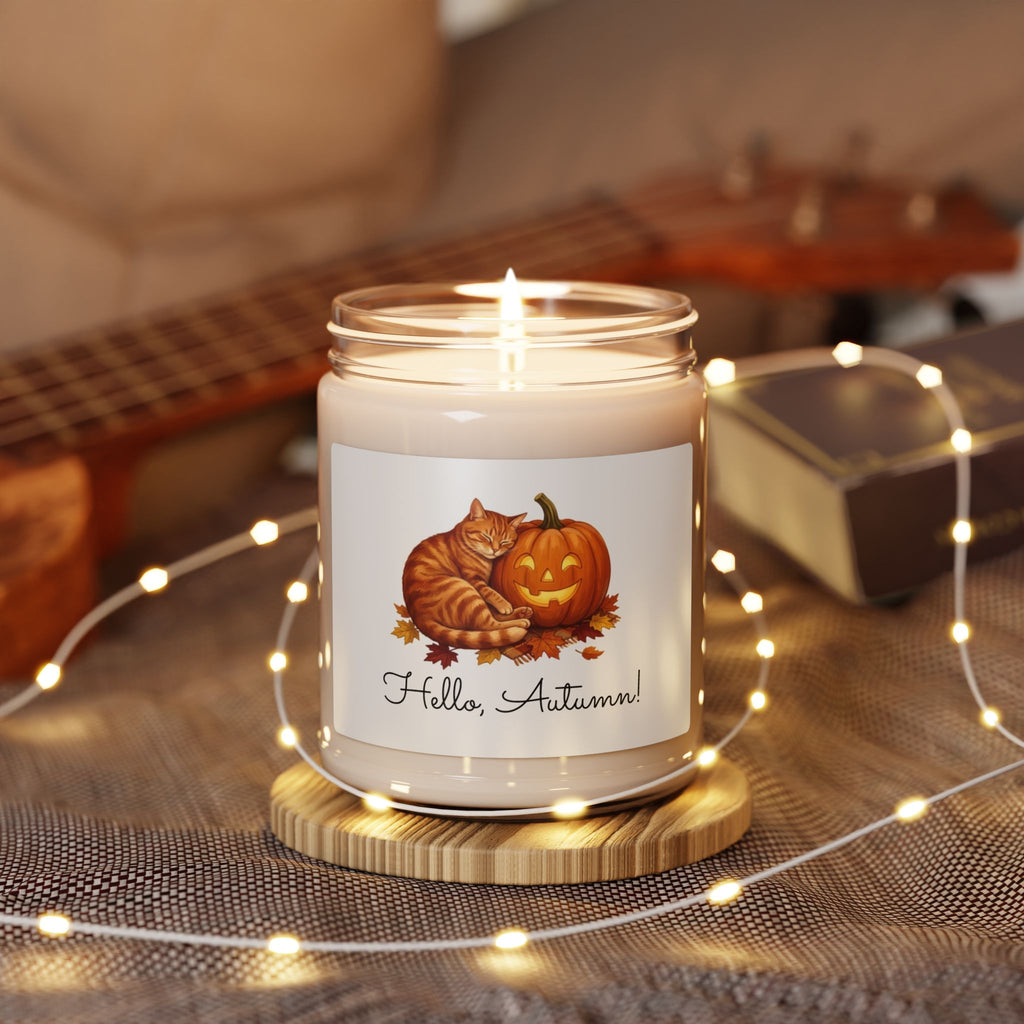 Hello Autumn Soy Candle — 9oz Scented Fall Candle with Pumpkin & Cat Design