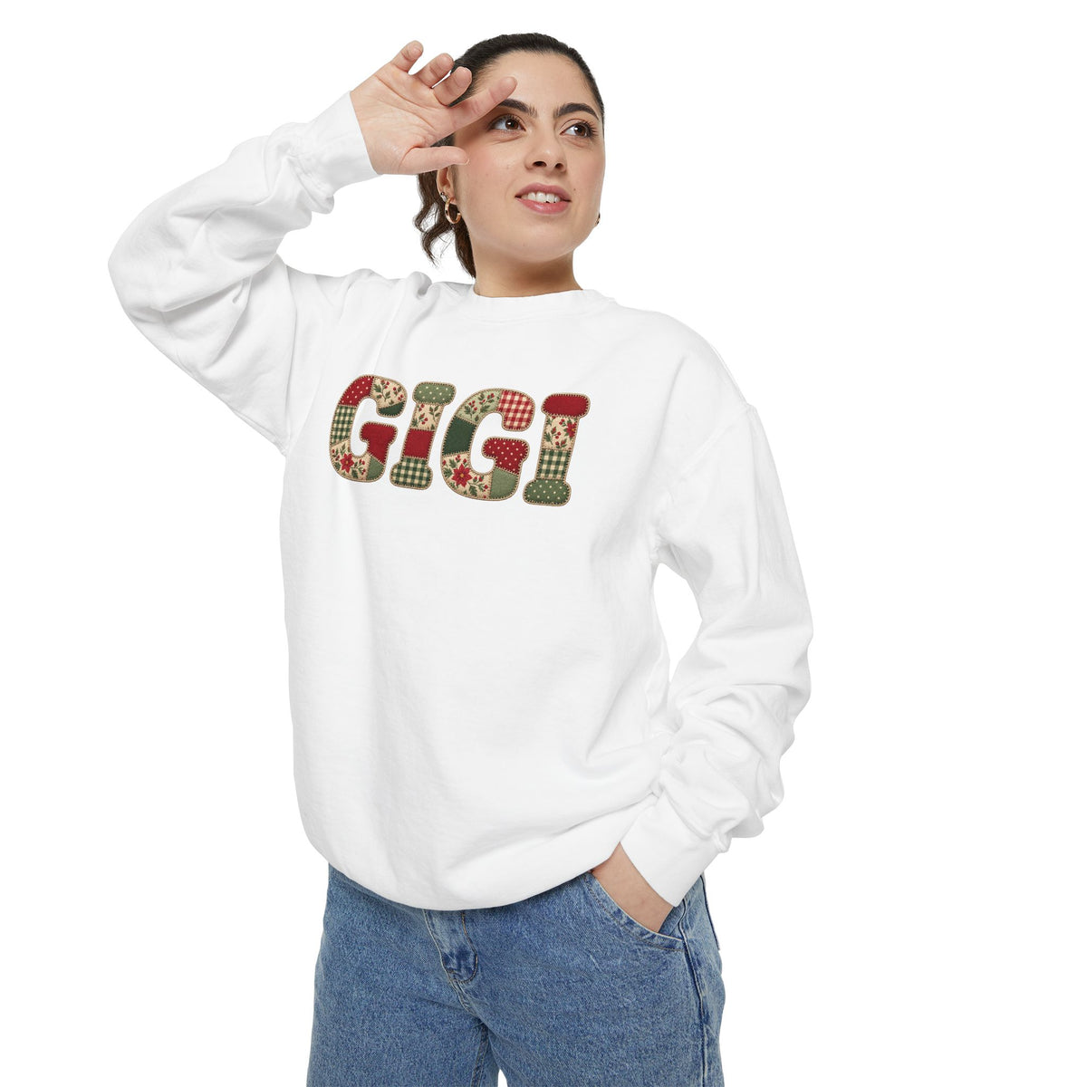 Gigi Printed Faux Patchwork Lettering Sweatshirt -Christmas Cozy Crew neck