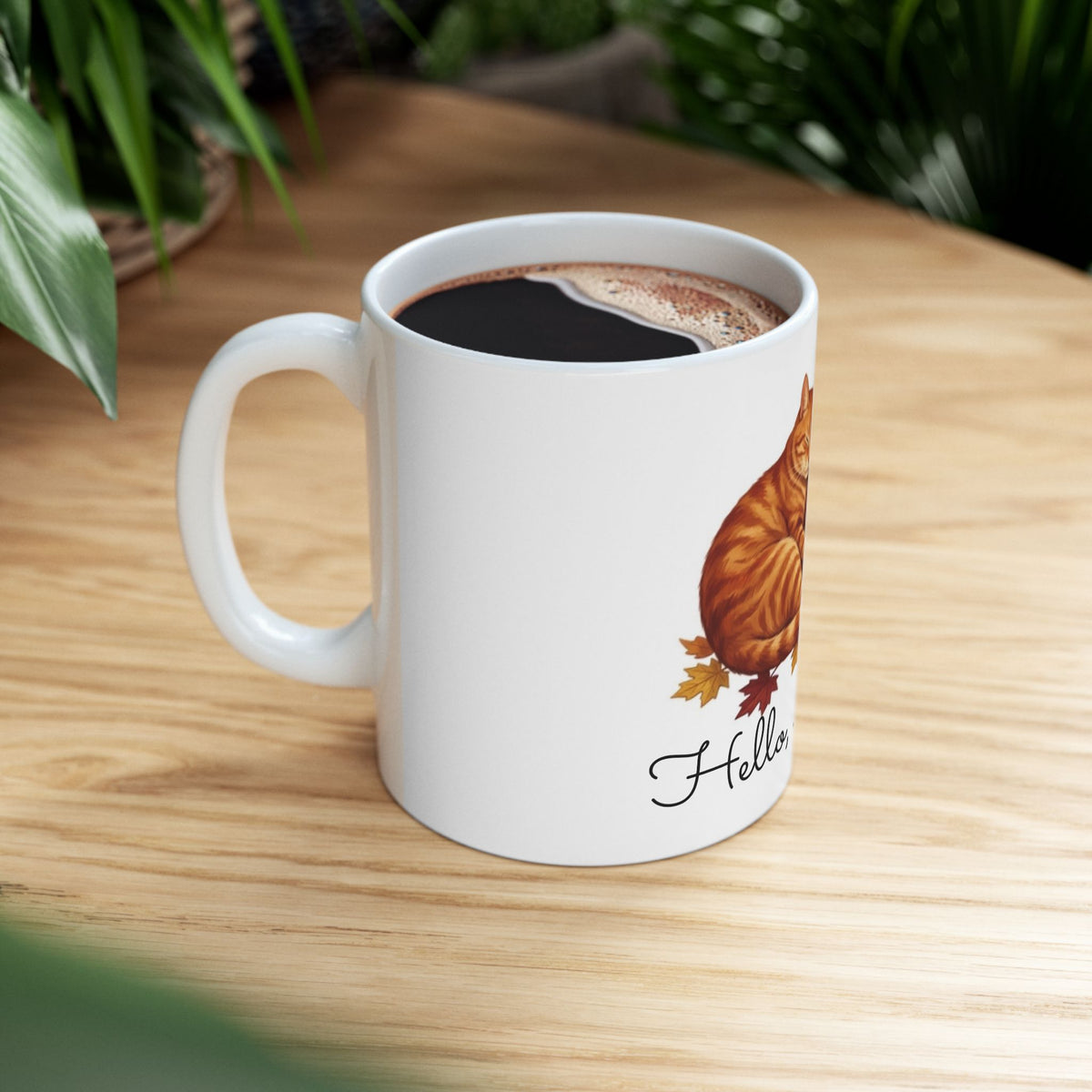 Autumn Cat / Jack-o'-Lantern Ceramic Mug – "Hello, Autumn!" Fall Coffee Cup (11oz)