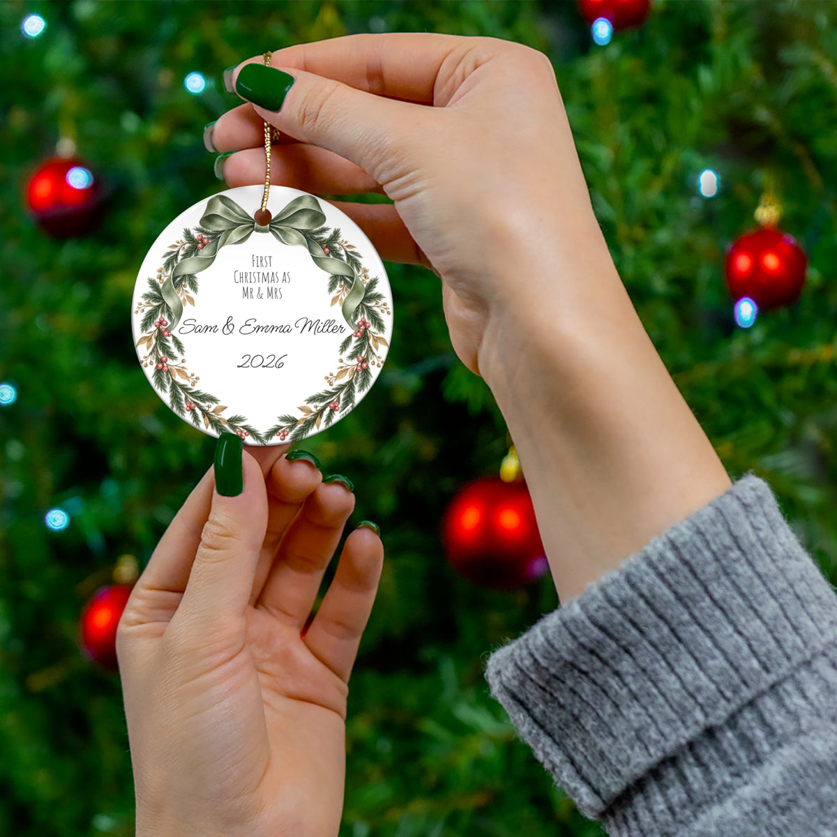 Personalized Ceramic Christmas Ornament – First Christmas as Mr. and Mrs. (Round)
