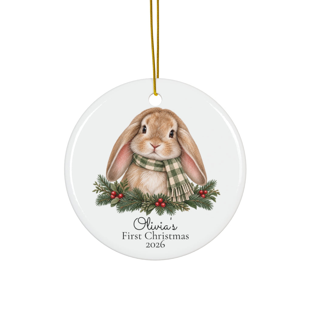 Personalized Bunny First Christmas Ornament/mobile pendant/gift tag — Ceramic Holiday Keepsake