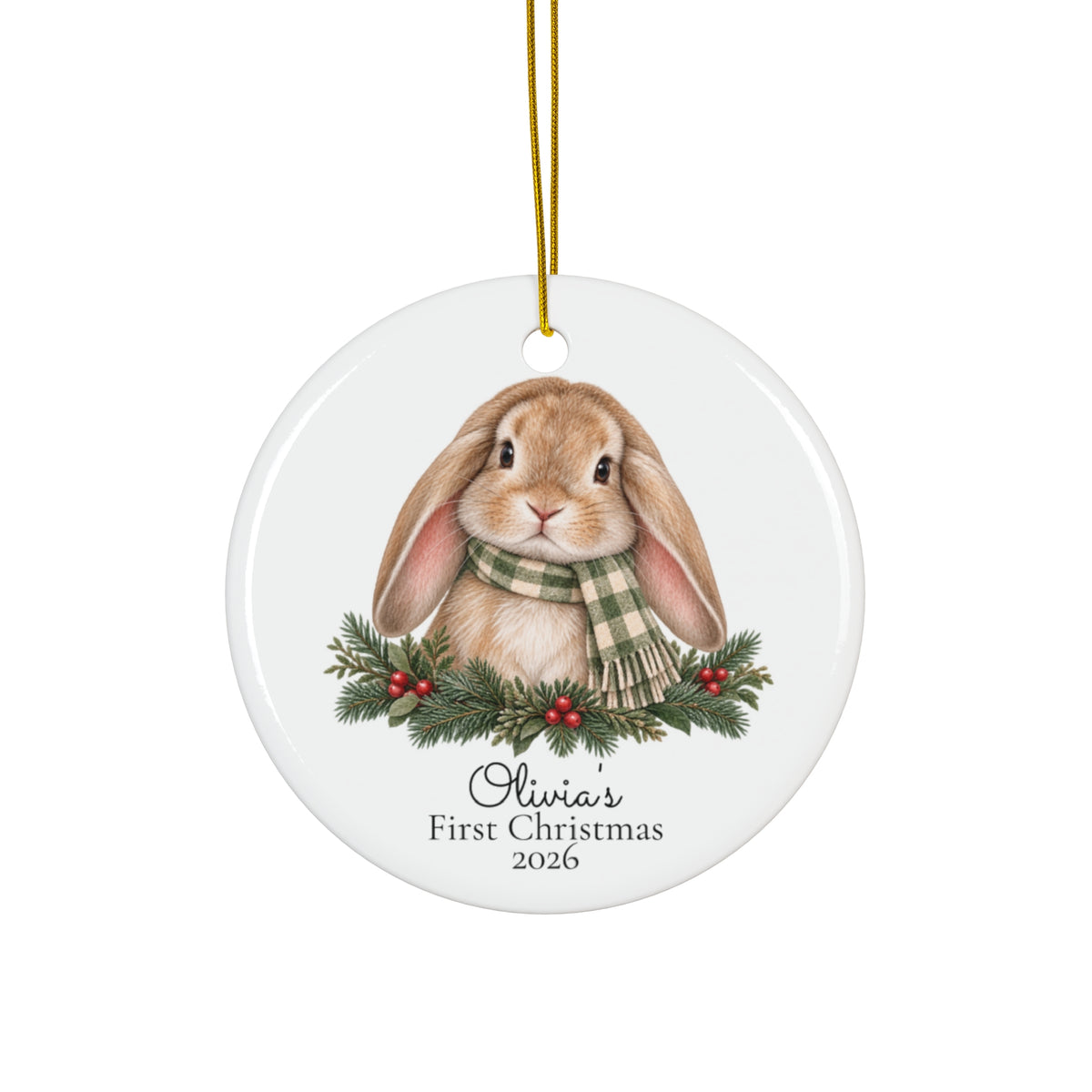 Personalized Bunny First Christmas Ornament/mobile pendant/gift tag — Ceramic Holiday Keepsake