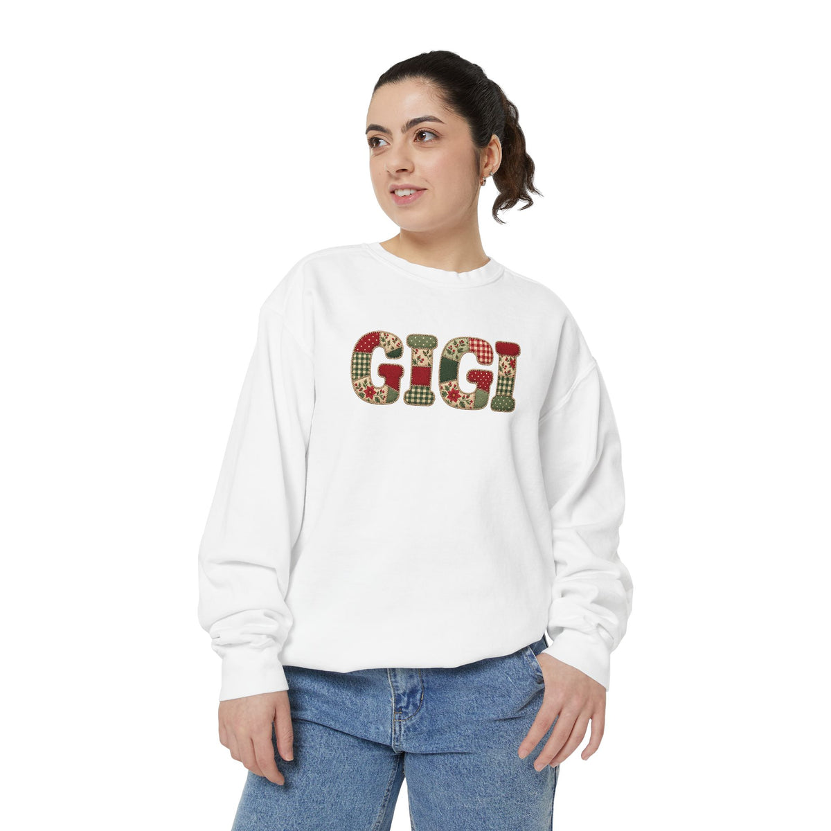 Gigi Printed Faux Patchwork Lettering Sweatshirt -Christmas Cozy Crew neck