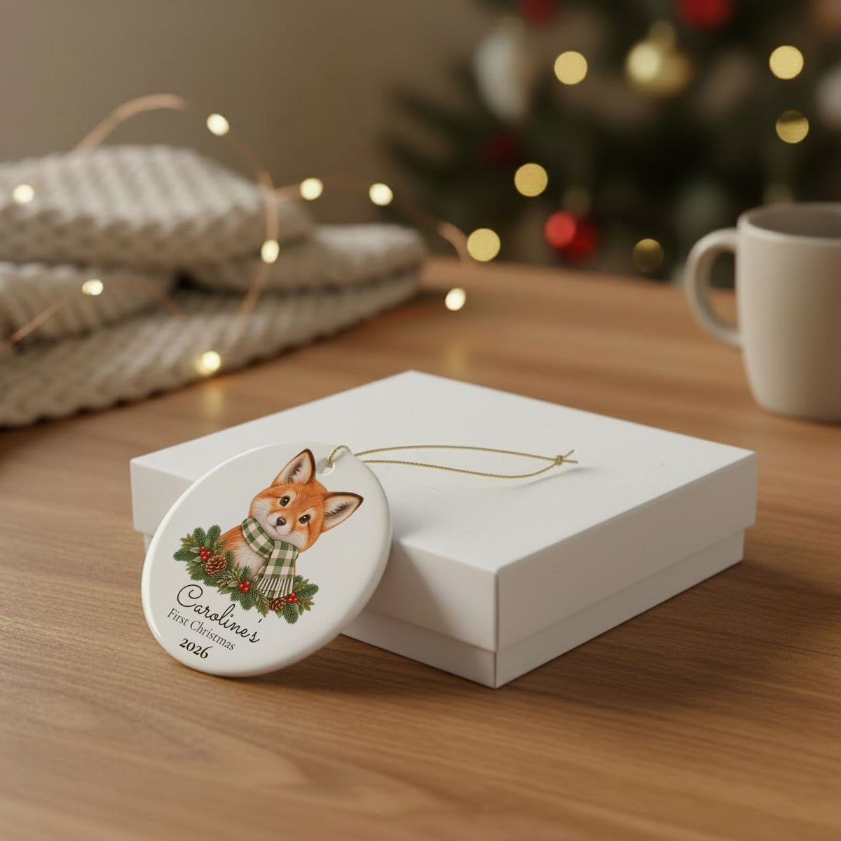 Personalized Fox Christmas Ornament — "First Christmas" Baby Keepsake 2026