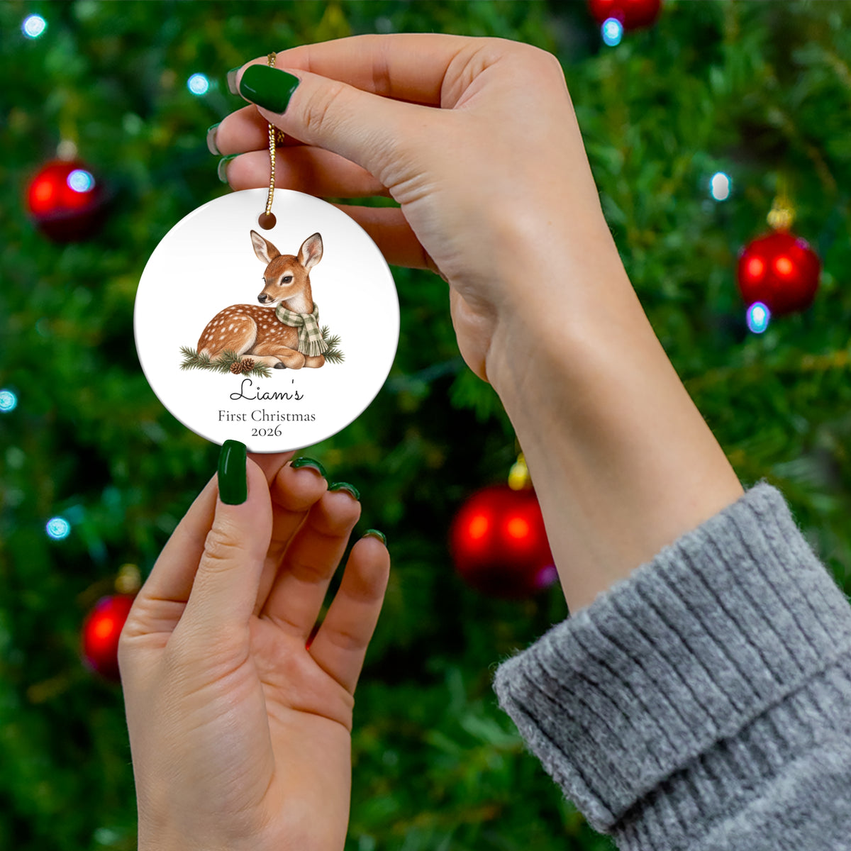 Personalized Fawn Ceramic Ornament — "First Christmas 2026" Keepsake