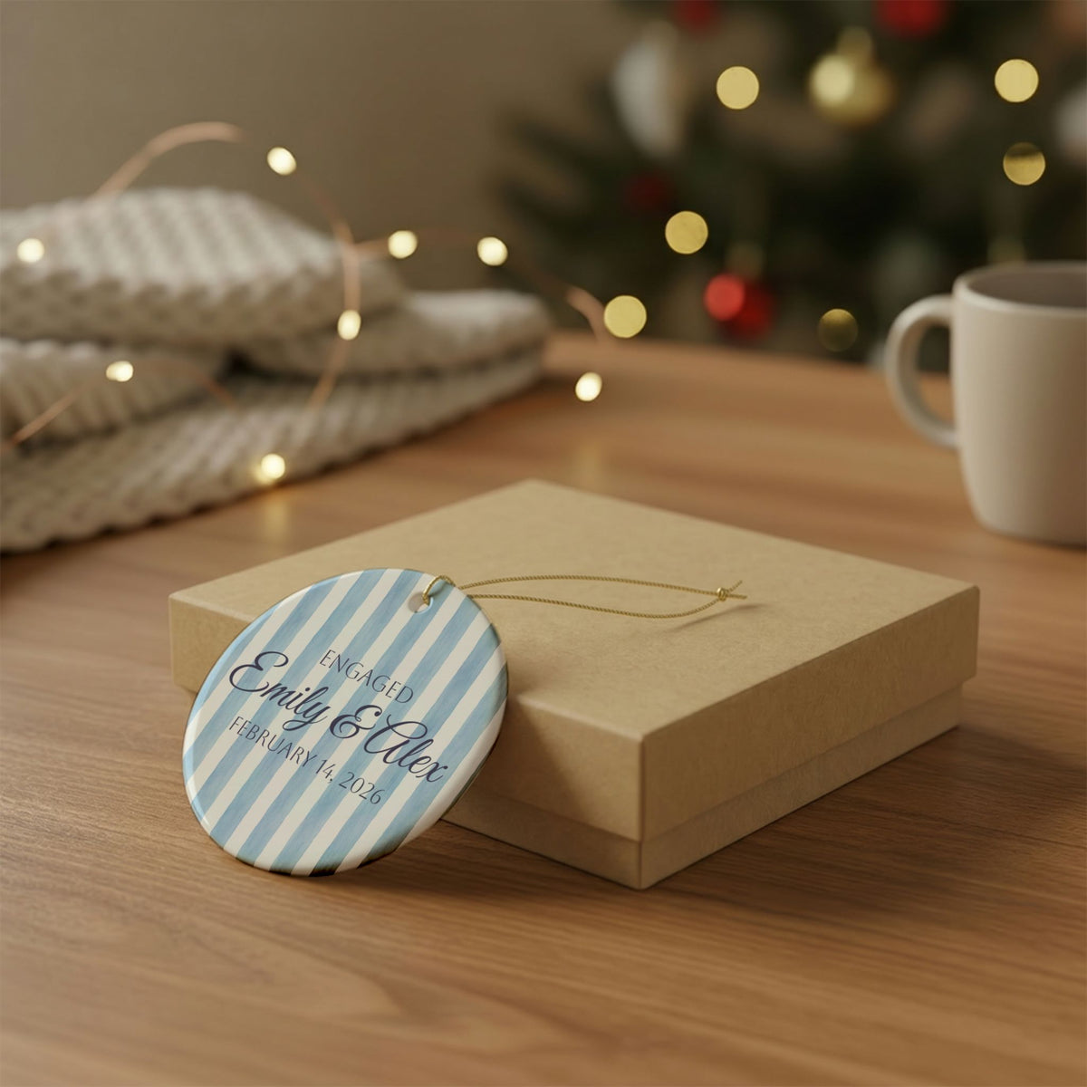 Blue Engagement Ceramic Ornament – Personalized Engagement Keepsake