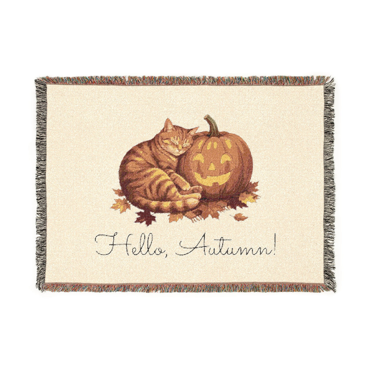 Halloween  Tabby Cat /Pumpkin Woven Blanket — Cozy Fall Throw