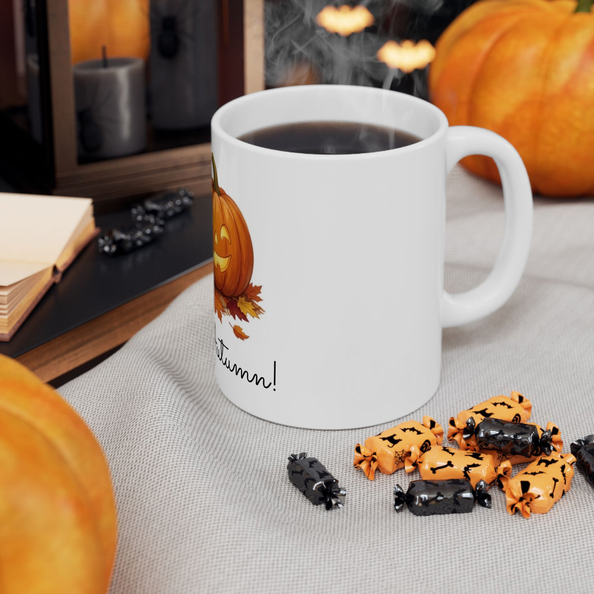 Autumn Cat / Jack-o'-Lantern Ceramic Mug – "Hello, Autumn!" Fall Coffee Cup (11oz)